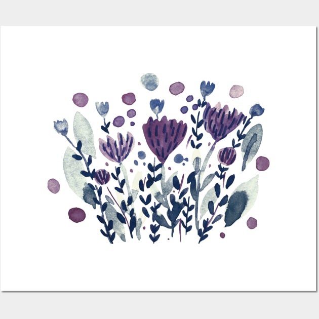 Watercolor whimsical flowers - purple and willow Wall Art by wackapacka